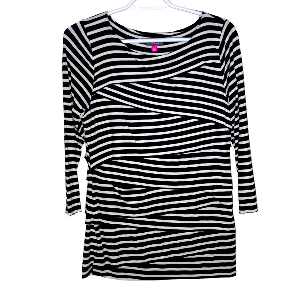 Vince Camuto Black And White Striped 3/4 Sleeve Blouse. Size Petite Large.